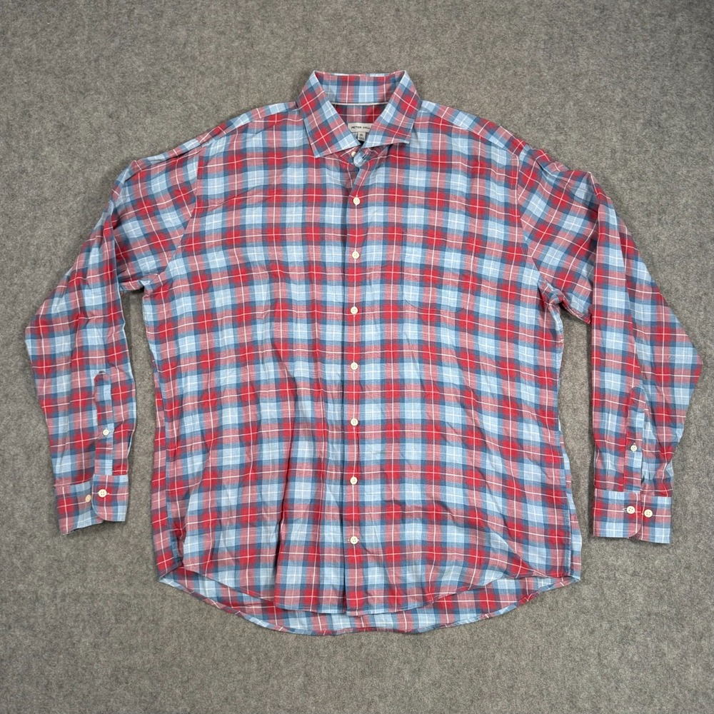 Peter Millar Red‎ Blue Plaid Long Sleeve Button Down Shirt Men's Size XL